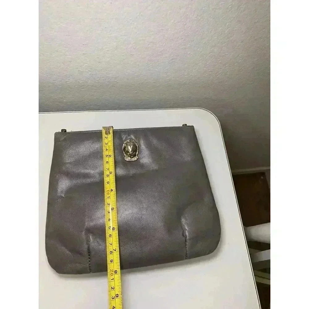 Vintage Ruth Saltz 70s Gray Leather Clutch Bag Silver Tone Lion Emblem No Strap